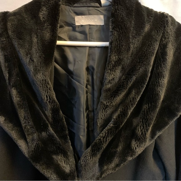 Liz Claiborne Black Faux Fur Collar Long Pea Coat. Size Large. - Picture 11 of 13